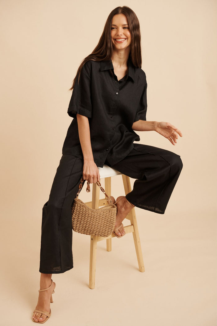 PRE ORDER Halara Pant in Black Linen focus shoot full length
