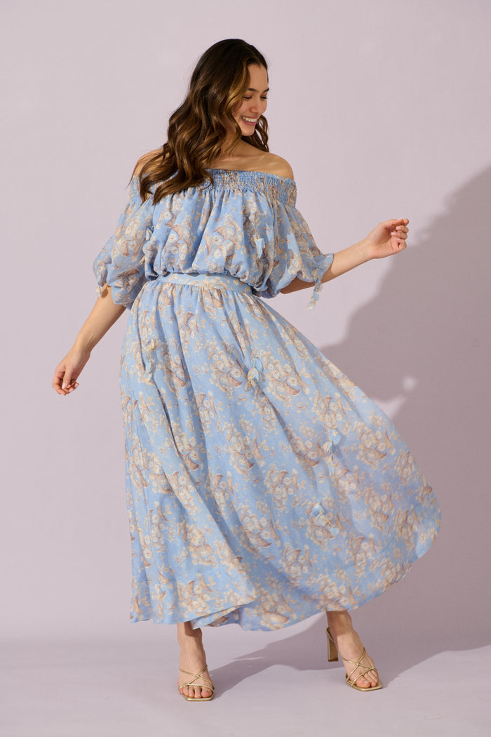 Gardenlight Maxi Skirt in Blue Floral campaign full length