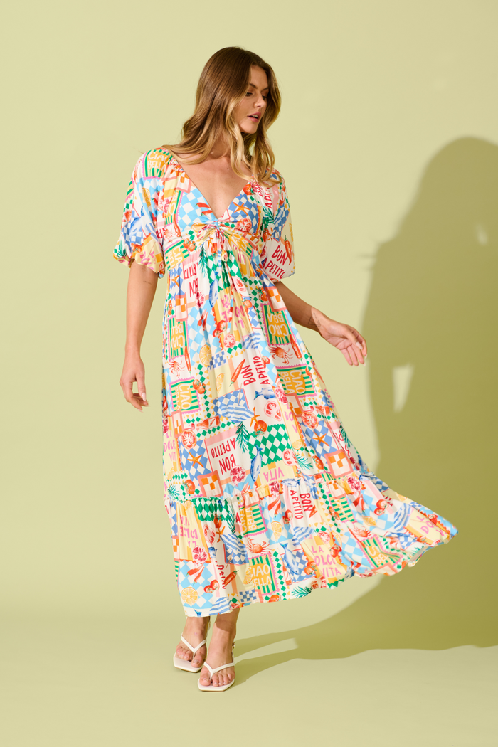 Coverdale Maxi Dress in White Multi Conversational Print focus shoot full length