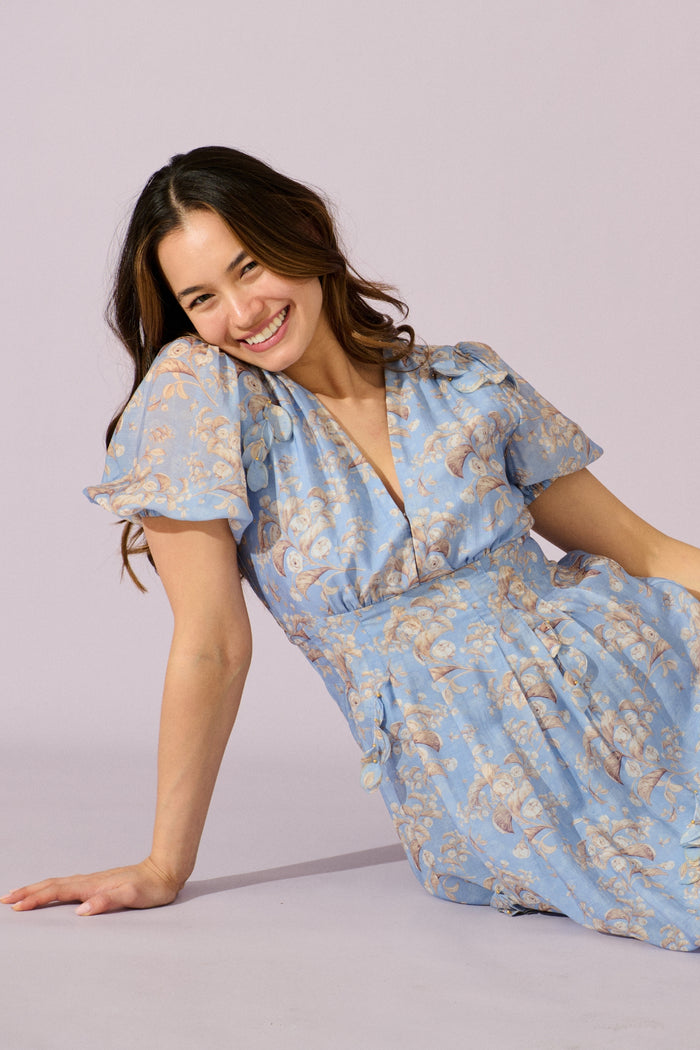 Faded Botanica Maxi Dress in Blue Floral campaign front crop