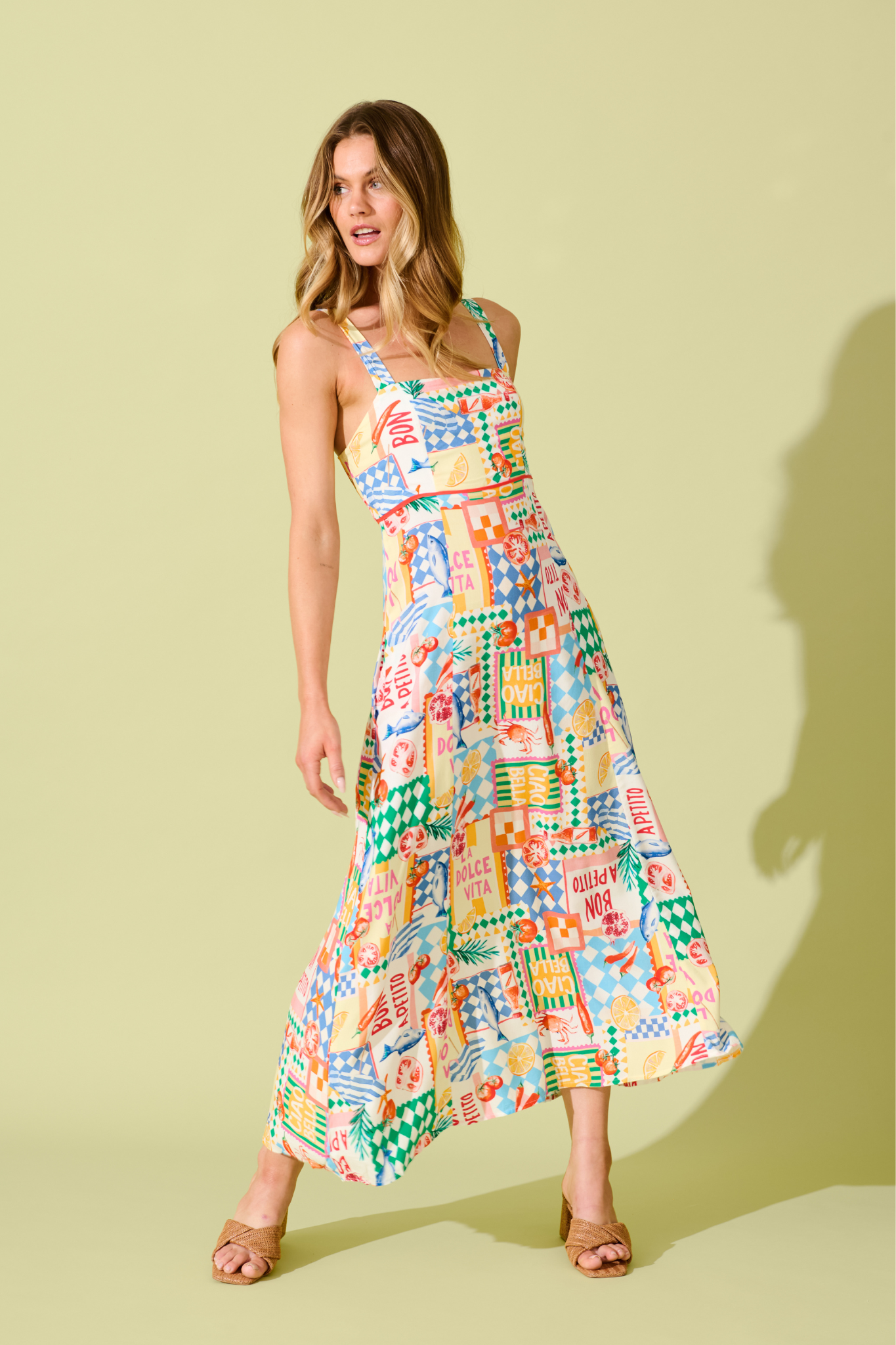 Holiday Crush Maxi Sundress in White Multi Conversational Print focus shoot full length