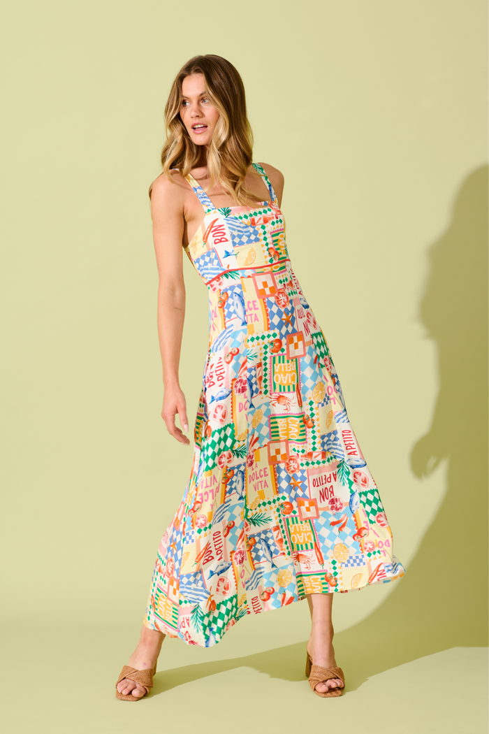 Holiday Crush Maxi Sundress in White Multi Conversational Print focus shoot full length