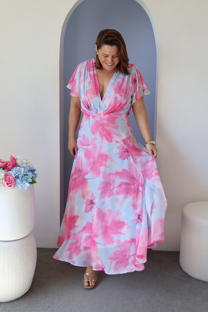 Whisper Lily Maxi Dress in Blue with Blush Floral Chiffon ugc stace
