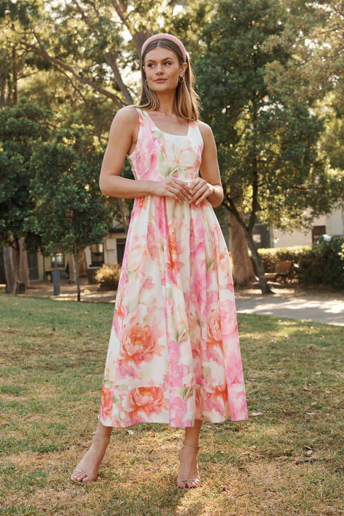 Garden Soirée Maxi Dress in Pink Multi Floral Linen Blend focus shoot full length