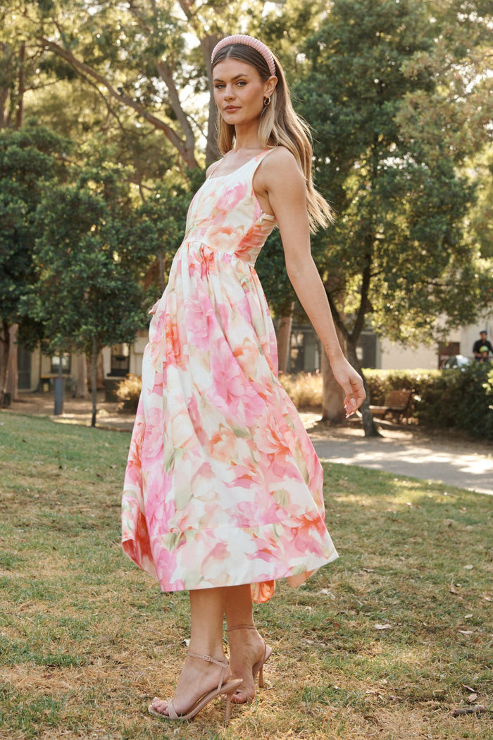 Garden Soirée Maxi Dress in Pink Multi Floral Linen Blend focus shoot side