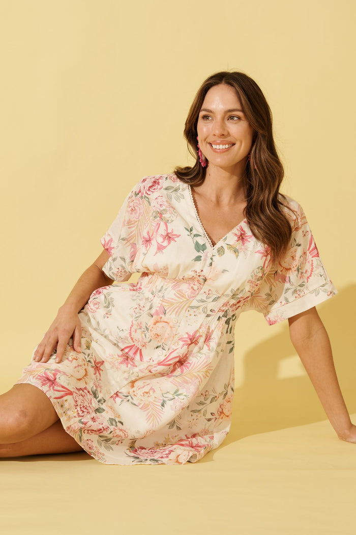 Fleur Haven Dress In Butter Yellow Pink Floral Linen Blend focus shoot front