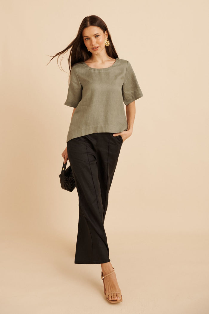 Island Soul Top in Khaki Linen focus shoot full length