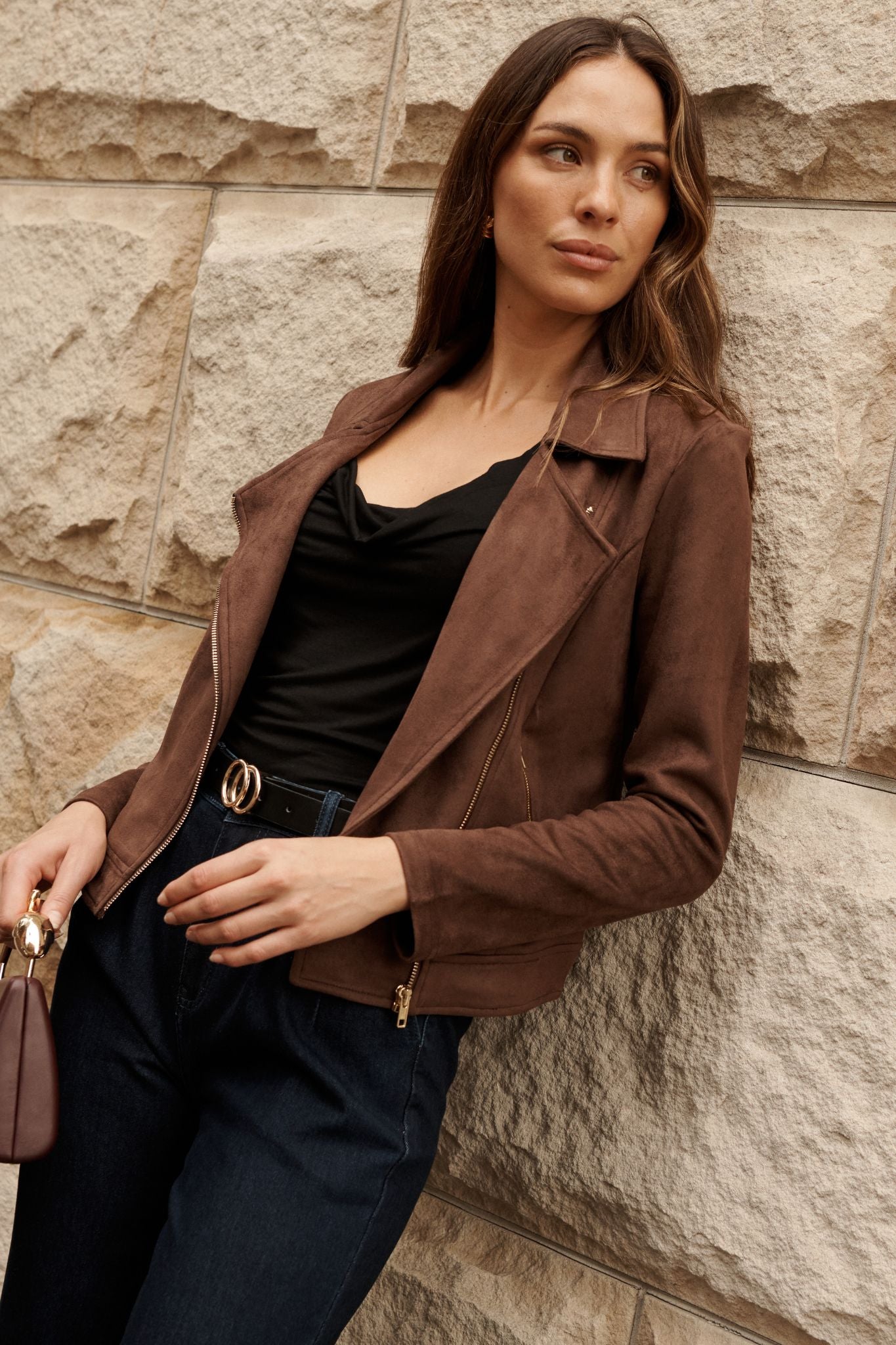 PRE ORDER Zodiac Jacket in Chocolate Suedette focus shoot front