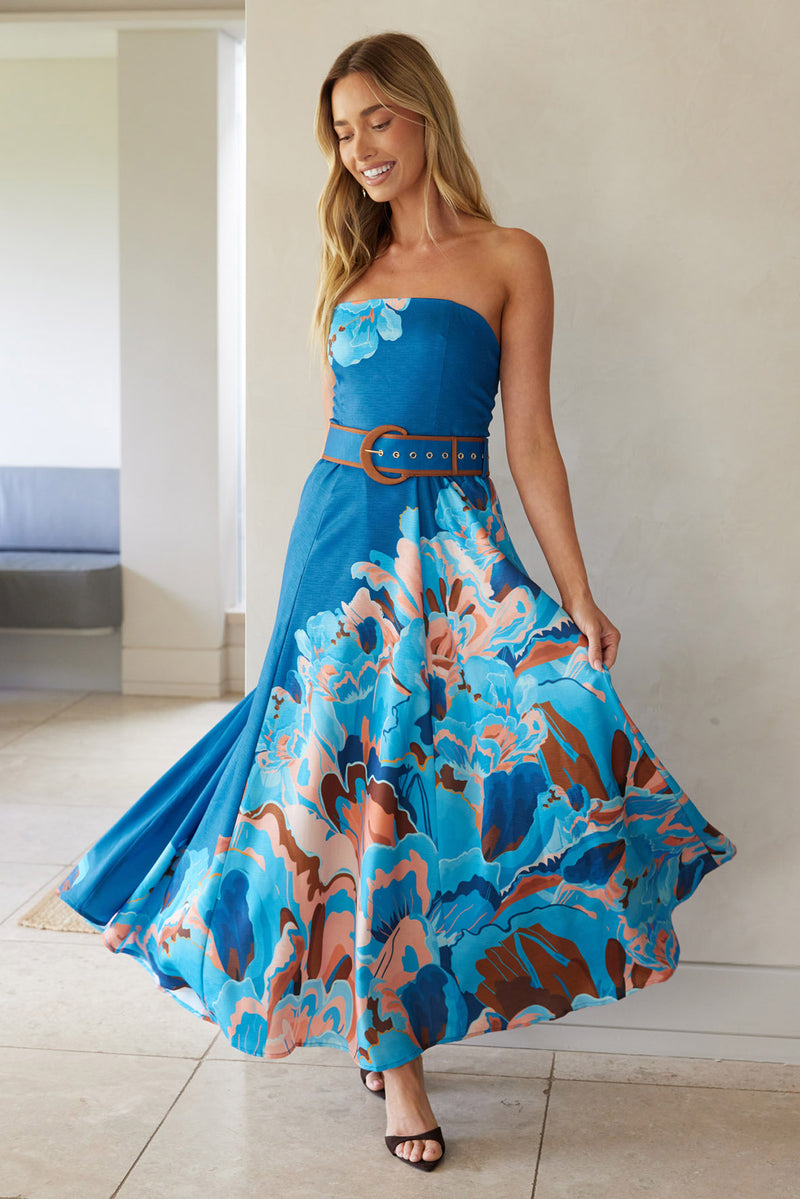 Laguana Maxi Dress in Teal Floral Placement Linen Blend