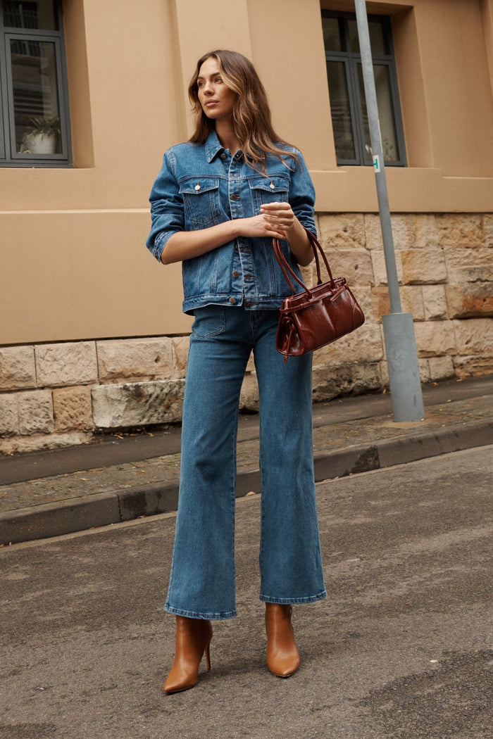 Designed For You High Rise Straight Leg Jean in Mid Blue Denim focus shoot full