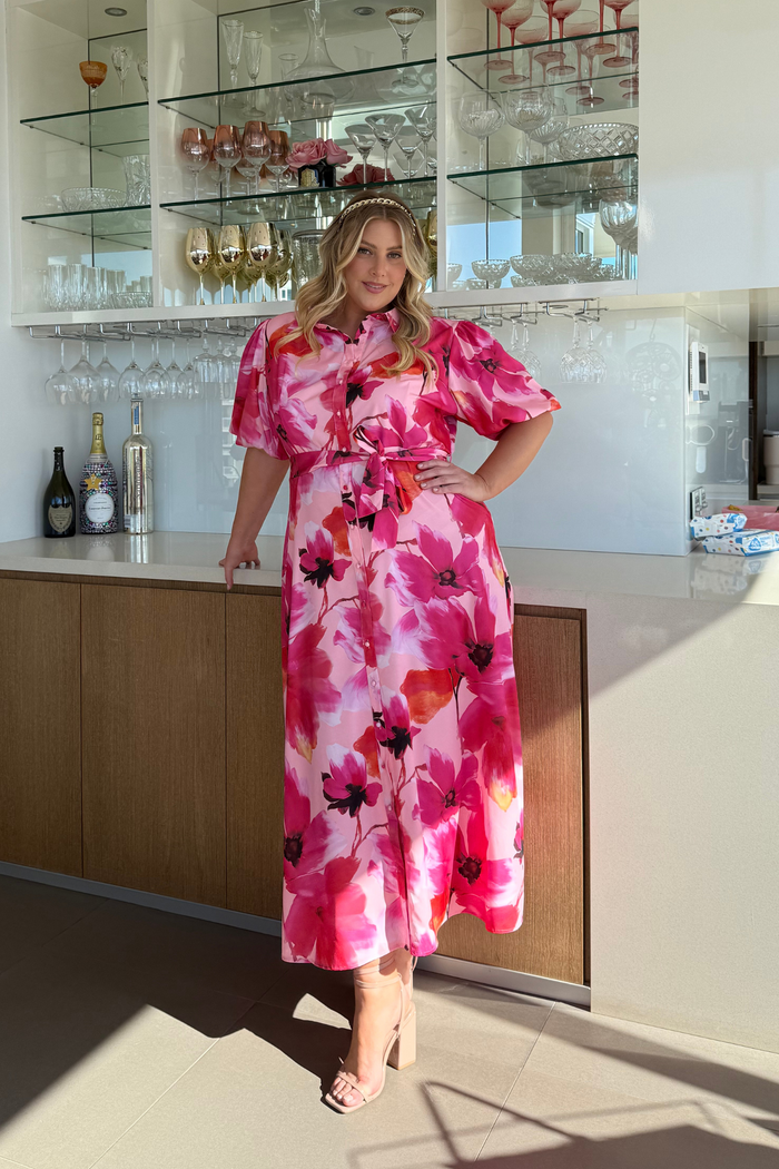 Gabriela Maxi Shirt Dress in Pink Floral Satin ugc