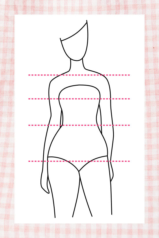 Silhouette of a women with lines on where to best measure your shoulders, bust, waist and length to work out your Size. 