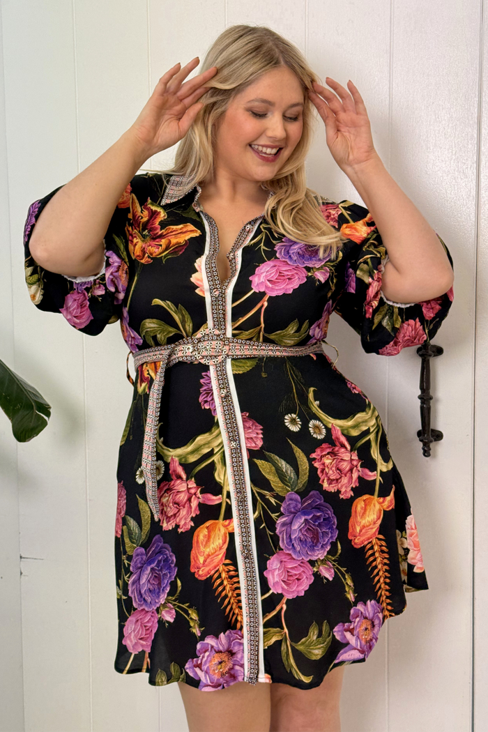 Dusk Soiree Shirt Dress in Black with Multi Floral ugc