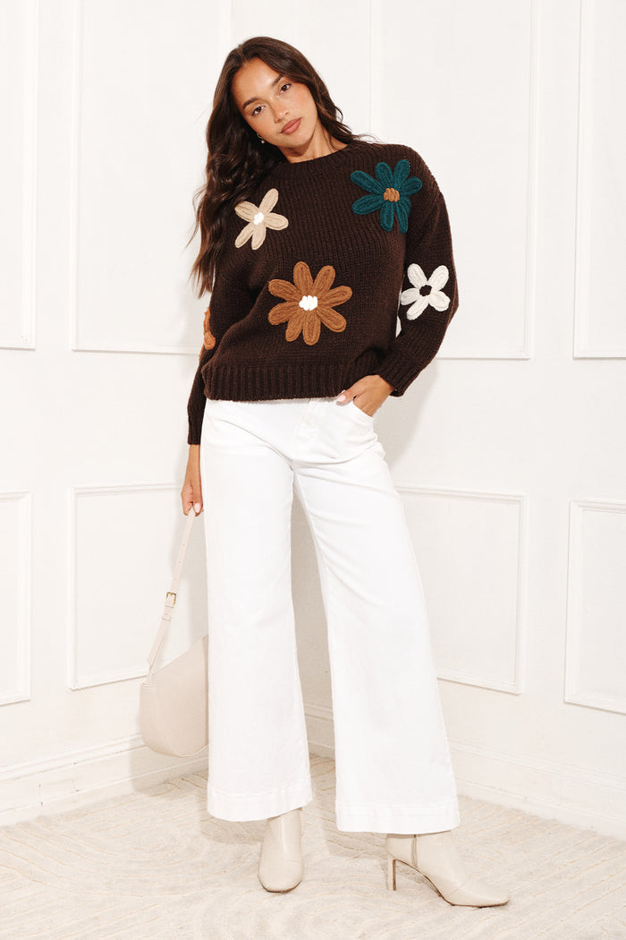 Winter Blossom Knit in Brown with Multi Flower Wool Blend focus shoot full