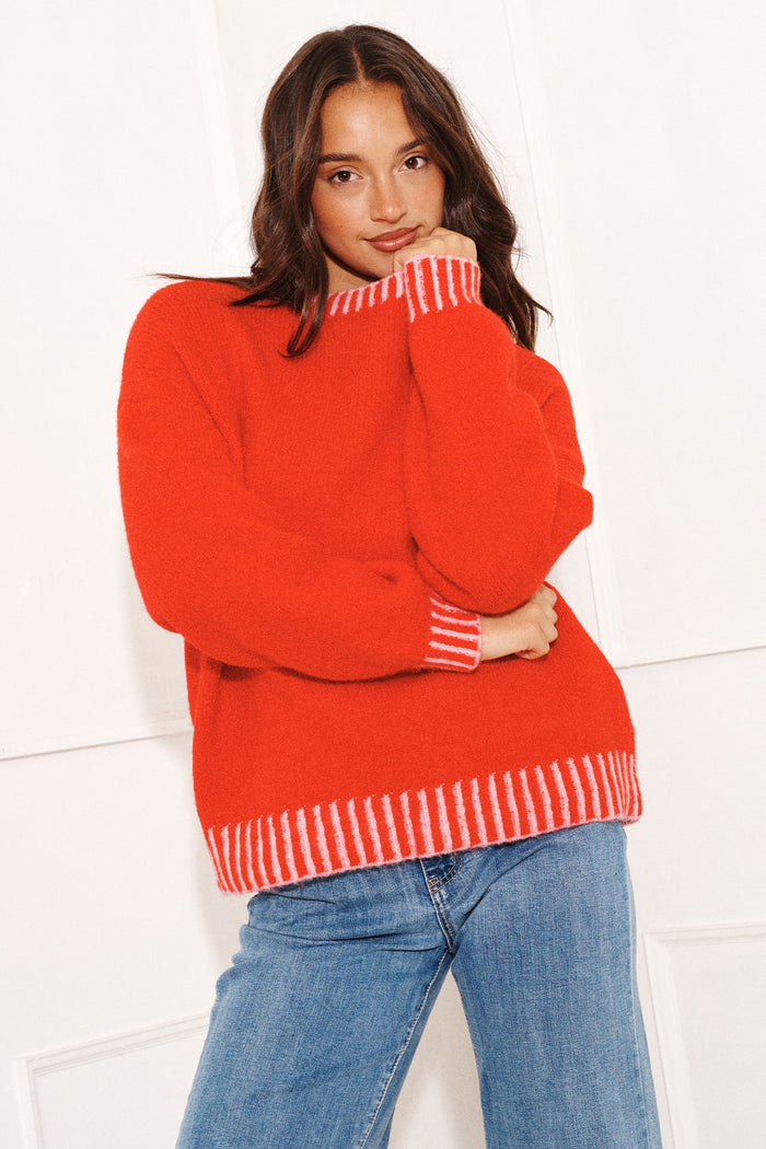 Maggie Knit in Red Wool Blend focus shoot front