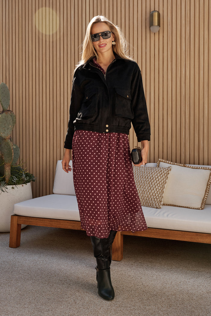 Clara Bomber Jacket in Black Suedette campaign full length