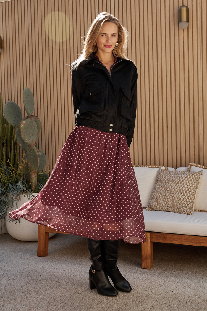 Clara Bomber Jacket in Black Suedette campaign full length