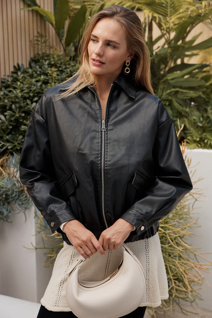 Standy Bomber Jacket in Black Leatherette campaign front