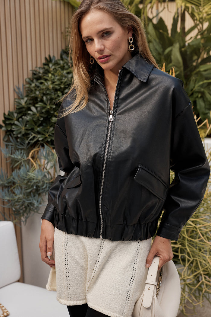 Standy Bomber Jacket in Black Leatherette campaign front