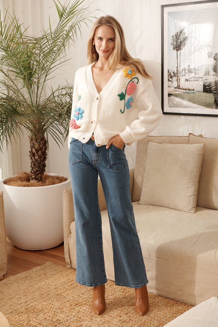 Blooming Delights Knit Cardigan in Cream with Floral campaign full length