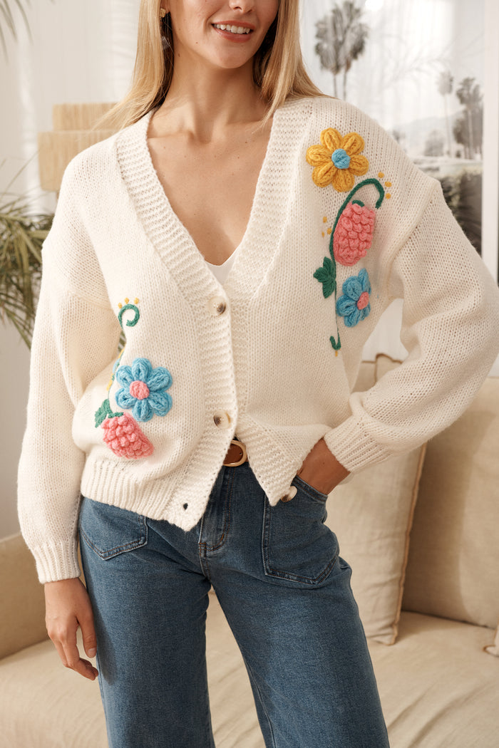 Blooming Delights Knit Cardigan in Cream with Floral campaign front
