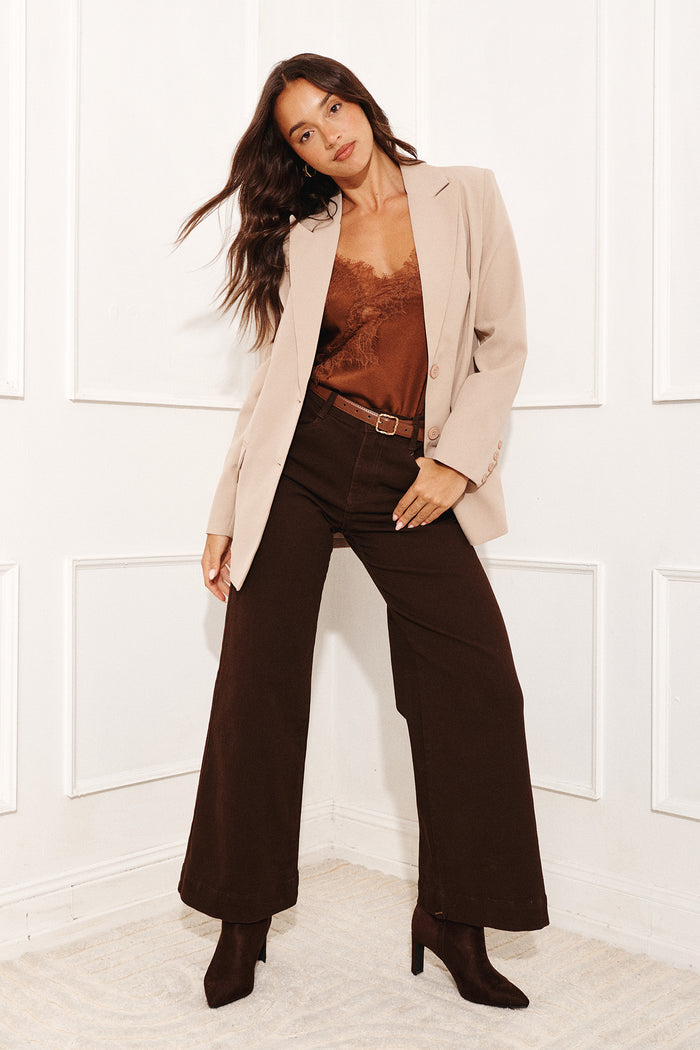 PRE ORDER Torin High Rise Wide Leg Jean in Chocolate Denim focus shoot full length
