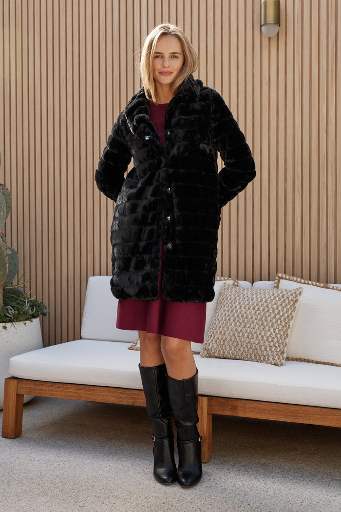 Fiora Faux Fur Coat in Black campaign full length