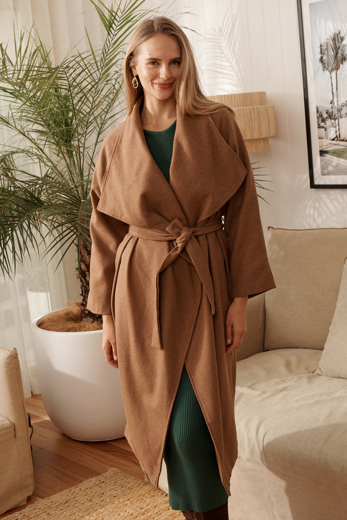 Carmella Coat in Toffee campaign front