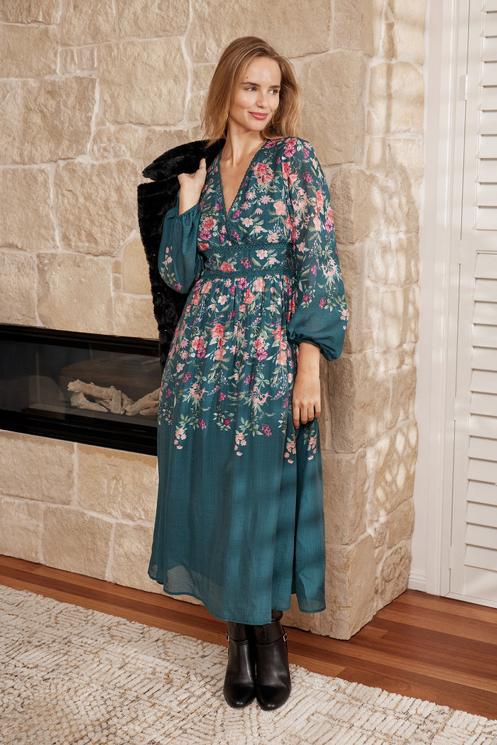 Soft Shades Maxi Dress in Emerald Floral campaign full length
