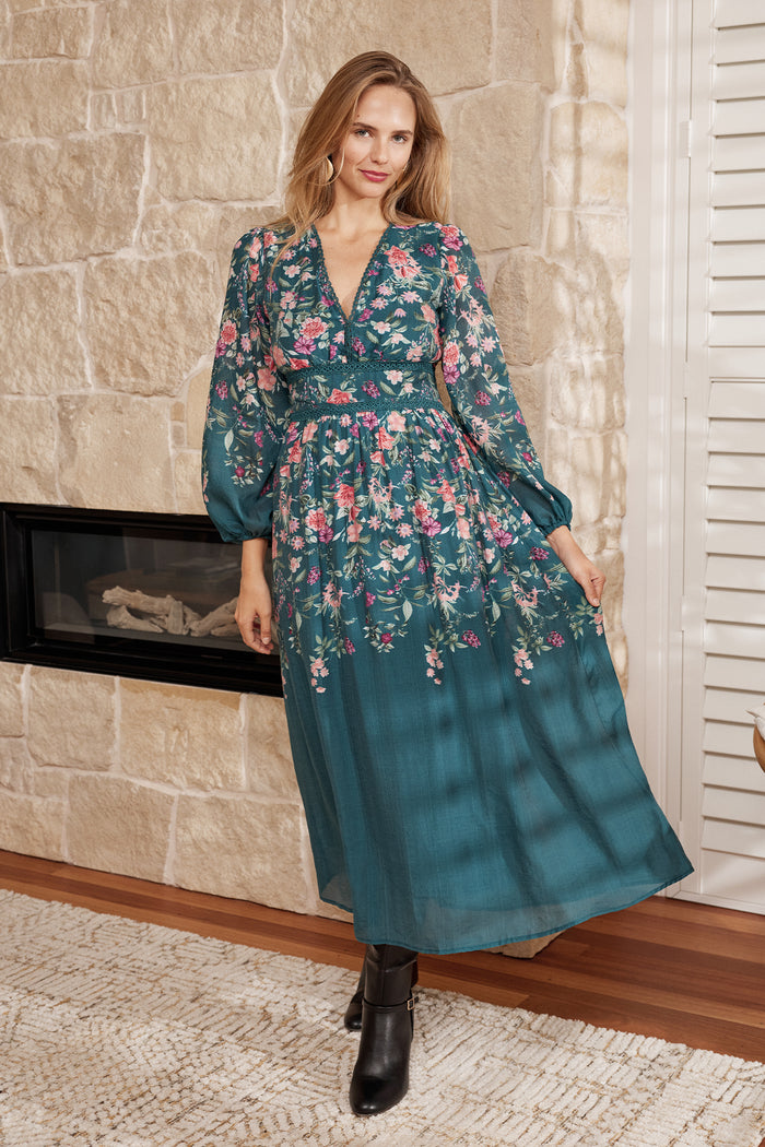 Soft Shades Maxi Dress in Emerald Floral campaign full length