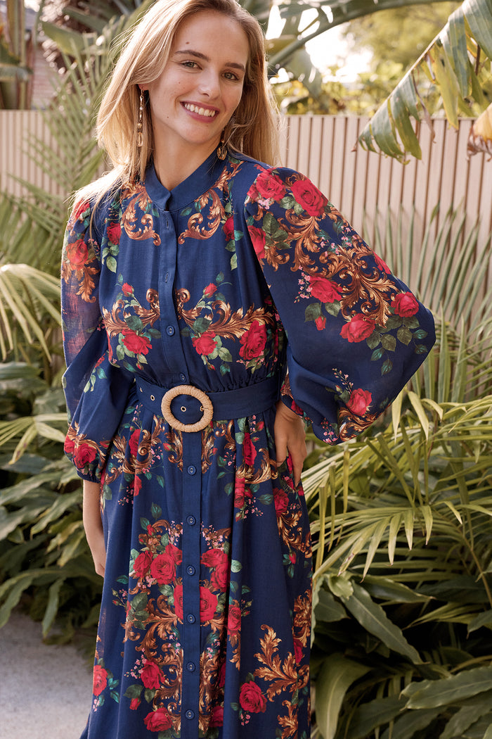 Basilica Maxi Dress in Navy with Red Floral Linen Blend campaign front