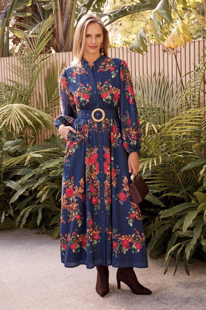 Basilica Maxi Dress in Navy with Red Floral Linen Blend campaign full length