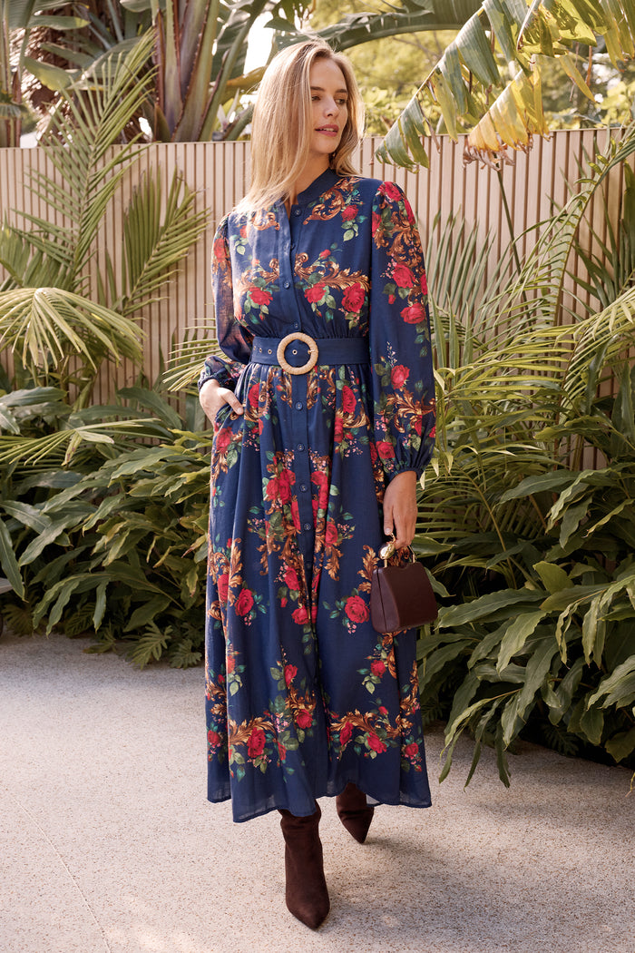 Basilica Maxi Dress in Navy with Red Floral Linen Blend