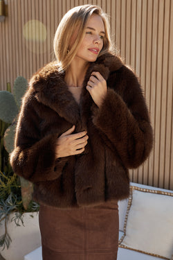 Cocoa Luxe Reversible Faux Fur Jacket in Chocolate campaign front