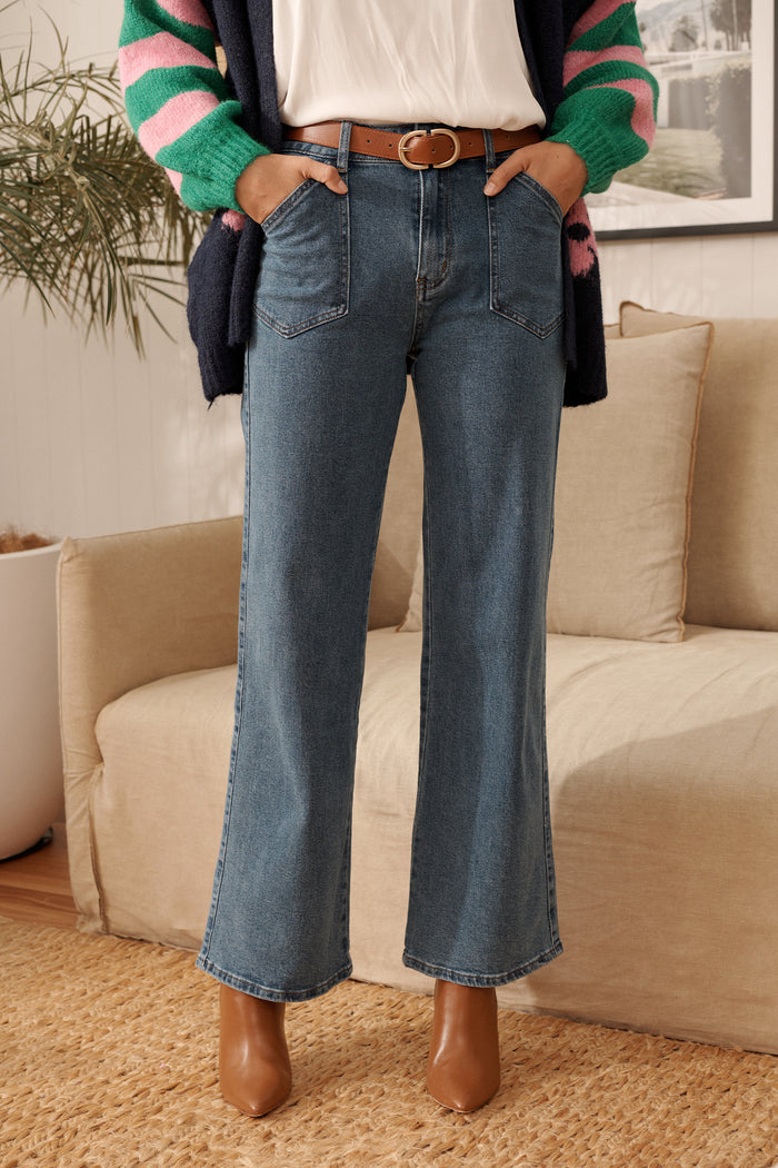 Designed For You High Rise Straight Leg Jean in Mid Blue Denim campaign front