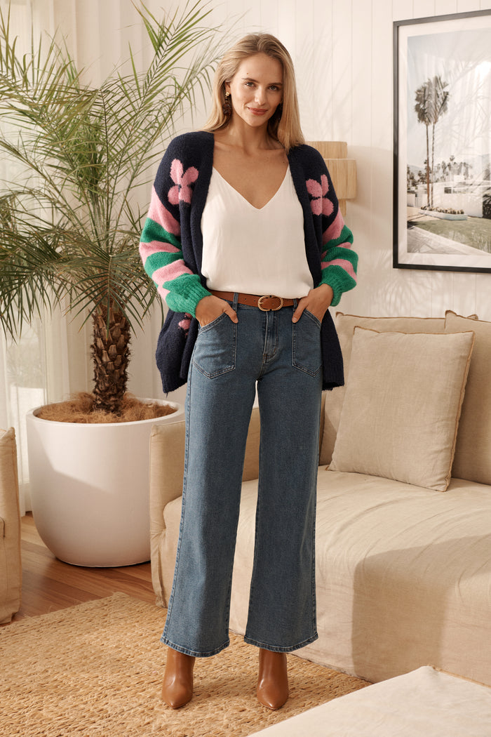 Designed For You High Rise Straight Leg Jean in Mid Blue Denim campaign full length