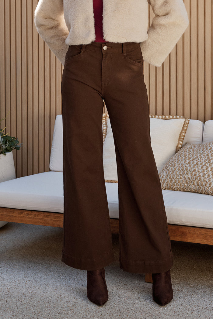 PRE ORDER Torin High Rise Wide Leg Jean in Chocolate Denim campaign front