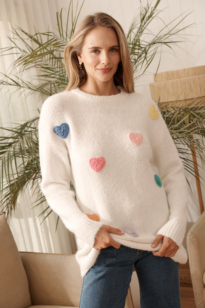Queen Of Hearts Knit in Cream with Multi Hearts Wool Blend campaign front