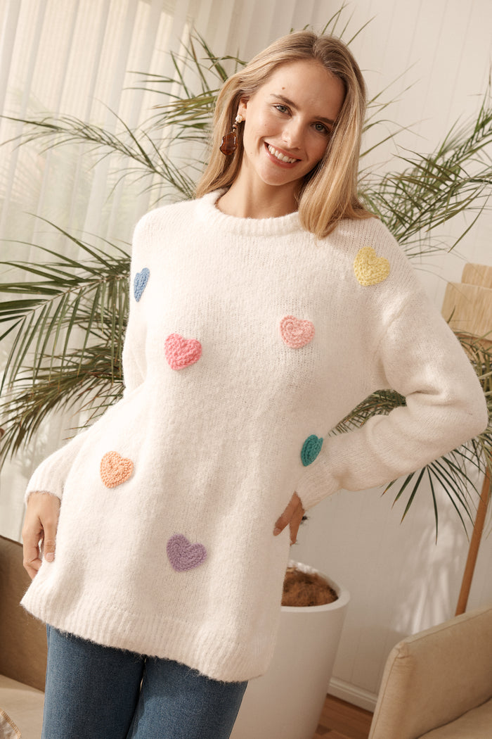 Queen Of Hearts Knit in Cream with Multi Hearts Wool Blend campaign front