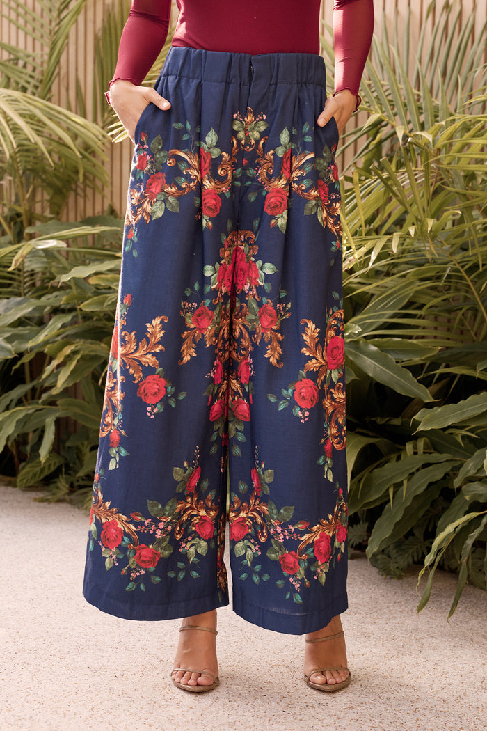 Dame Pant in Navy with Red Floral Linen Blend
