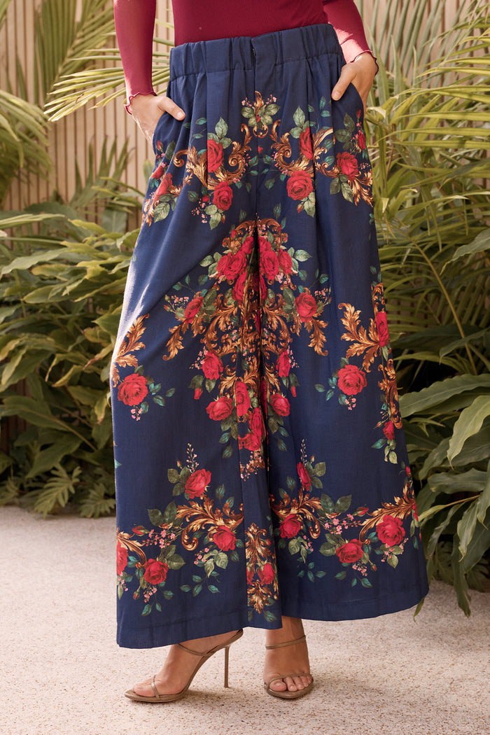 Dame Pant in Navy with Red Floral Linen Blend campaign front