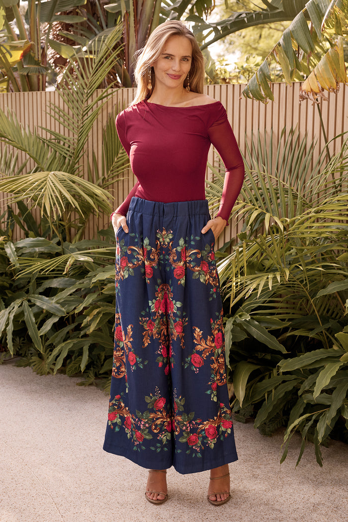 Dame Pant in Navy with Red Floral Linen Blend campaign full length