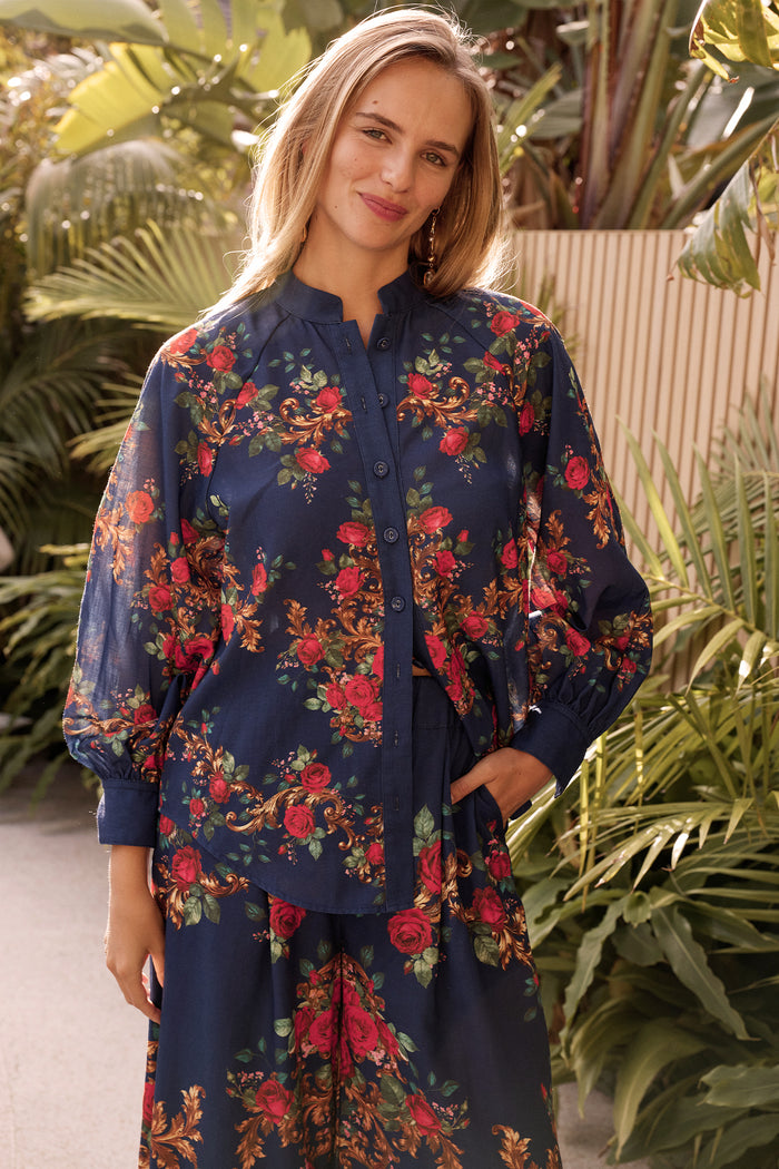 Bridget Top in Navy with Red Floral Linen Blend campaign front