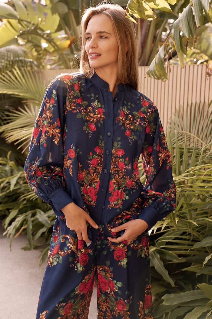 Bridget Top in Navy with Red Floral Linen Blend