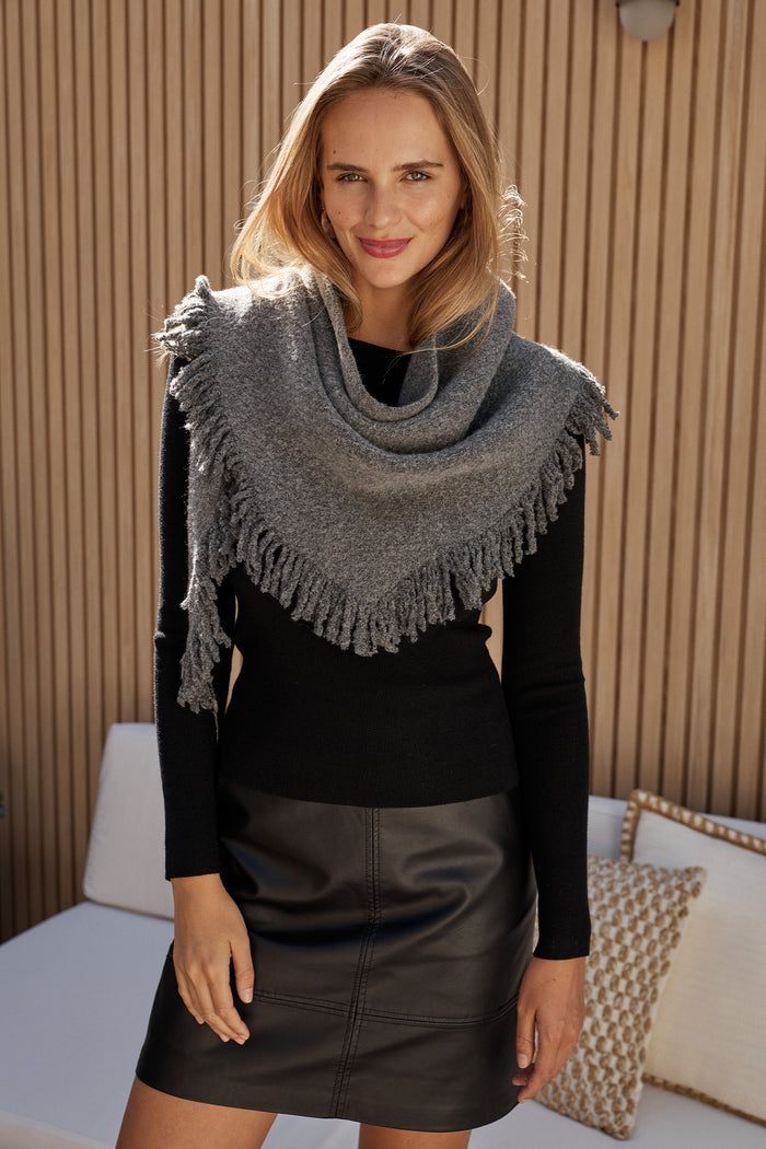 Ariella Triangle Knit Scarf in Charcoal Grey campaign on model front