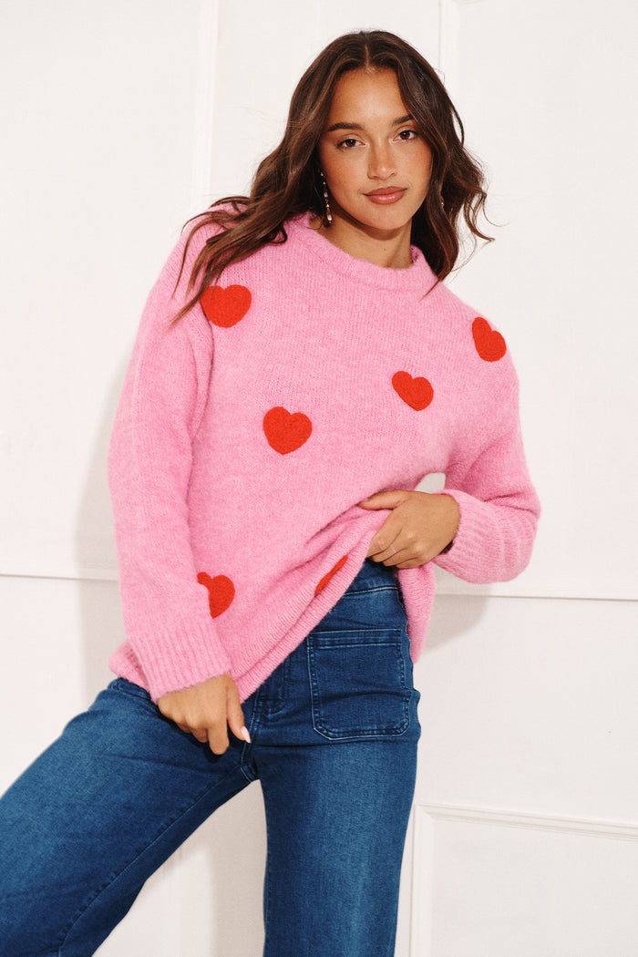 Queen Of Hearts Knit in Pink with Red hearts Wool Blend focus shoot front