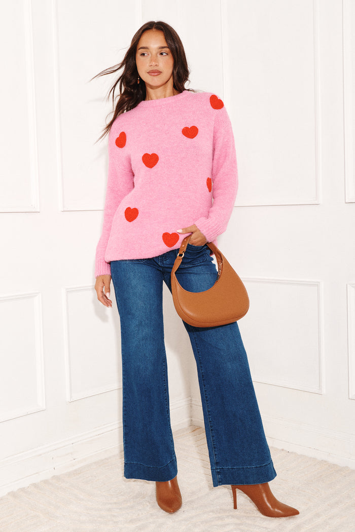 Queen Of Hearts Knit in Pink with Red hearts Wool Blend focus shoot full