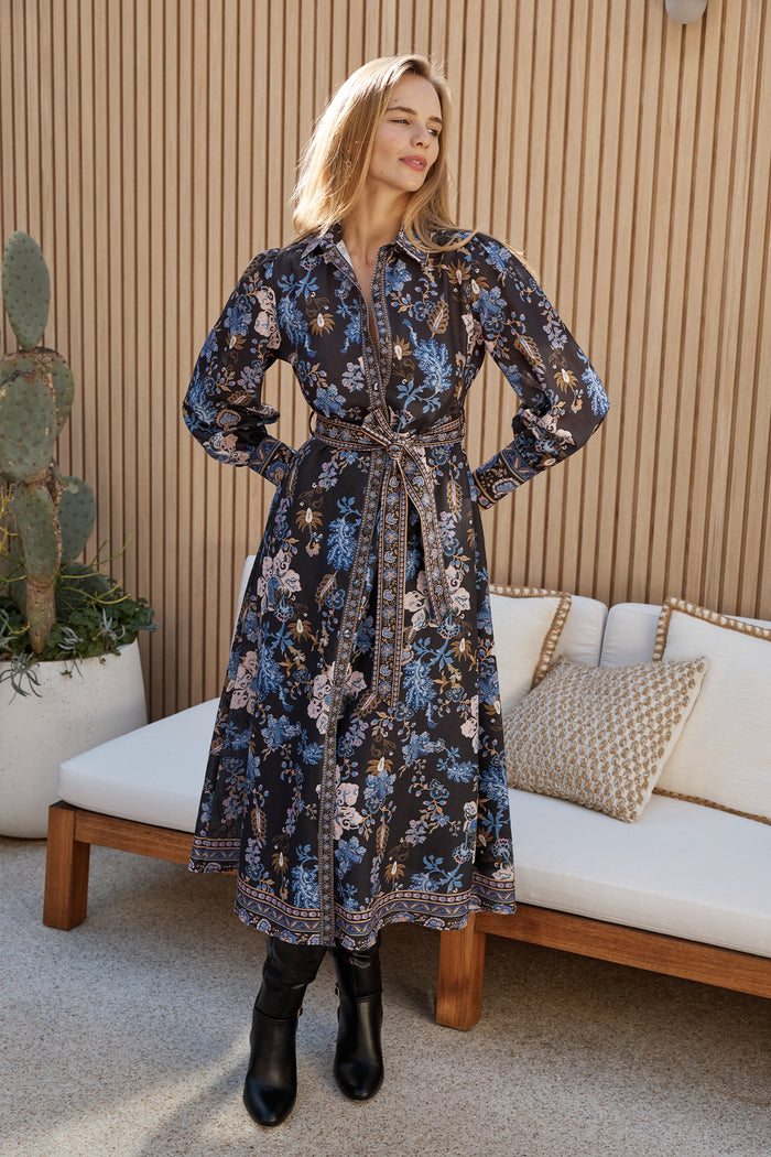 Constanza Maxi Shirt Dress in Multi Navy Print Linen Blend campaign full length