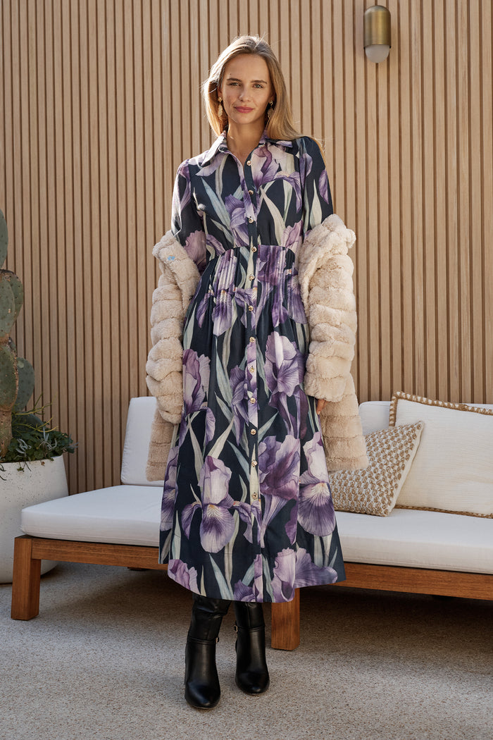 Jackie Maxi Shirt Dress in Black with Purple Floral Linen Blend campaign full length