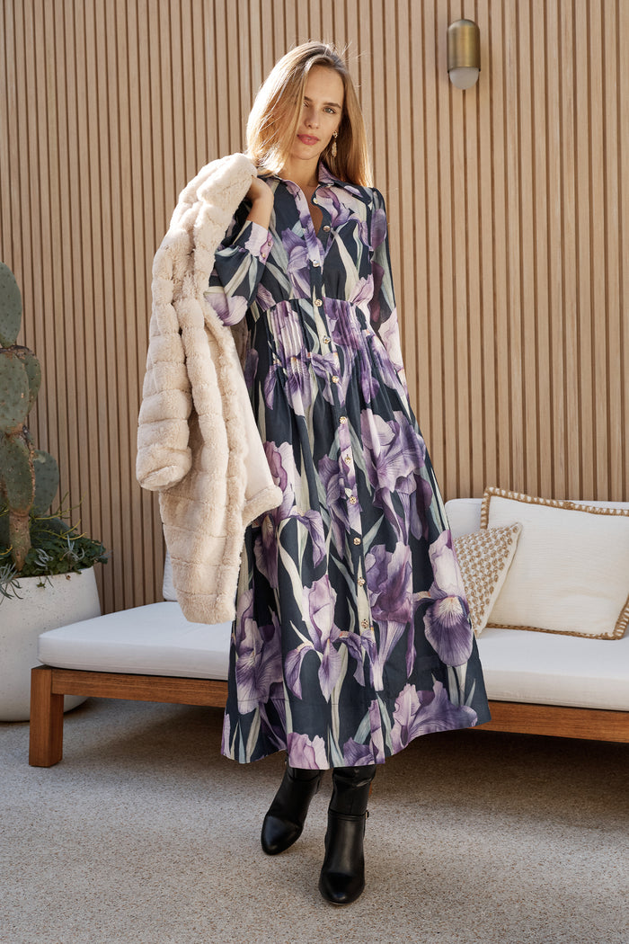 Jackie Maxi Shirt Dress in Black with Purple Floral Linen Blend campaign full length